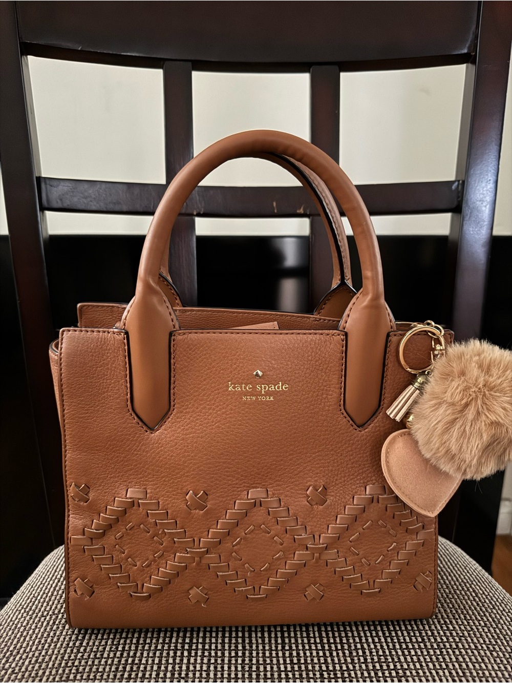kate spade Brown Leather Satchel with Pom Charm